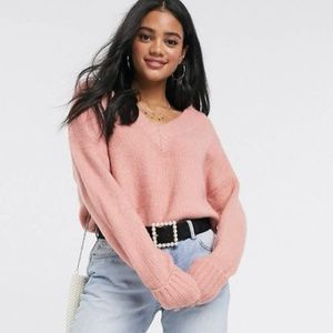ASOS Brave Soul oversized vneck sweater with turn back cuffs in pink XS